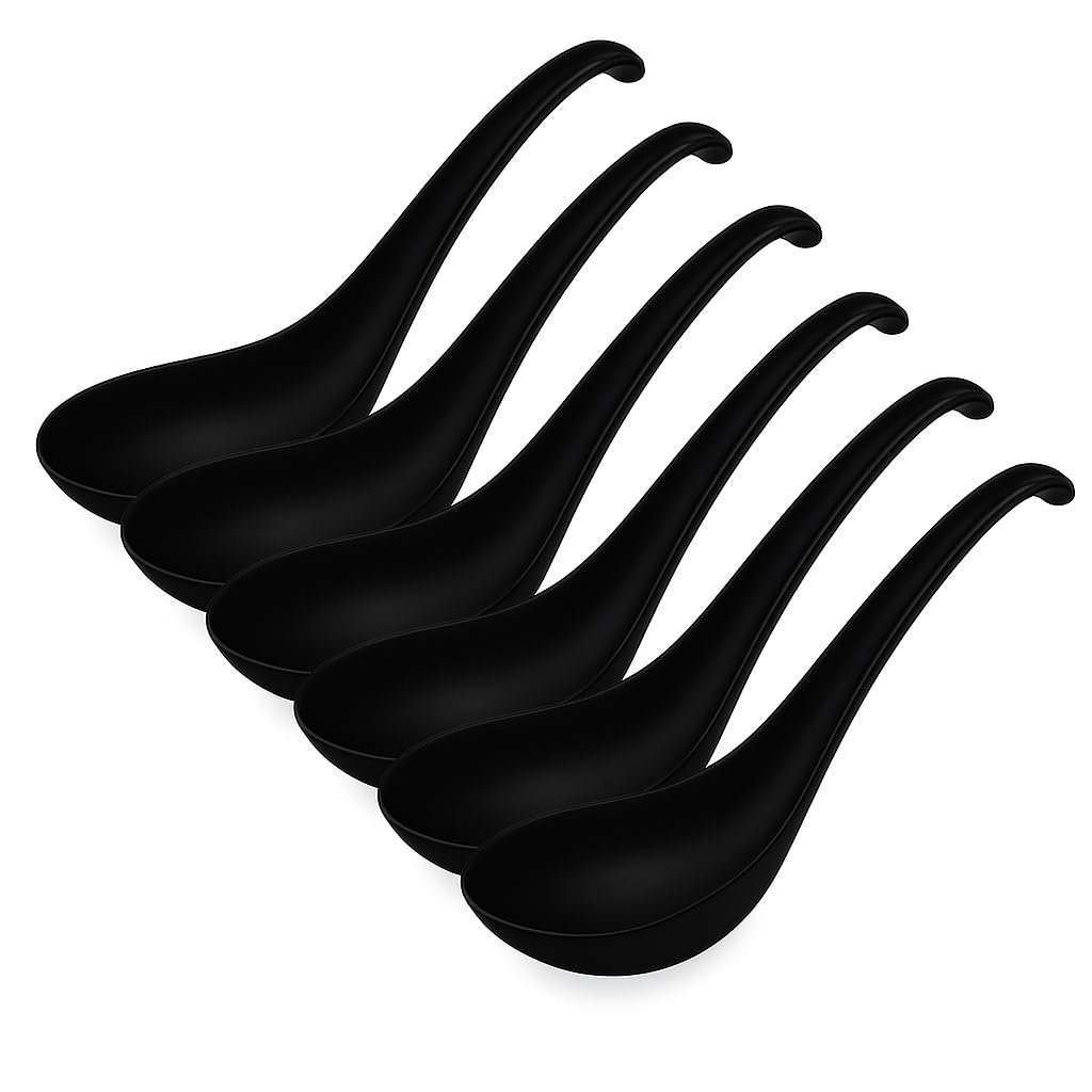 KOLIBROX Asian Soup Spoons Set - Durable Melamine Spoon for Ramen,Miso, Japanese & Chinese Soups - Comfortable Grip, Dishwasher Safe & Long-Lasting | One Set/ 6PCS (black)