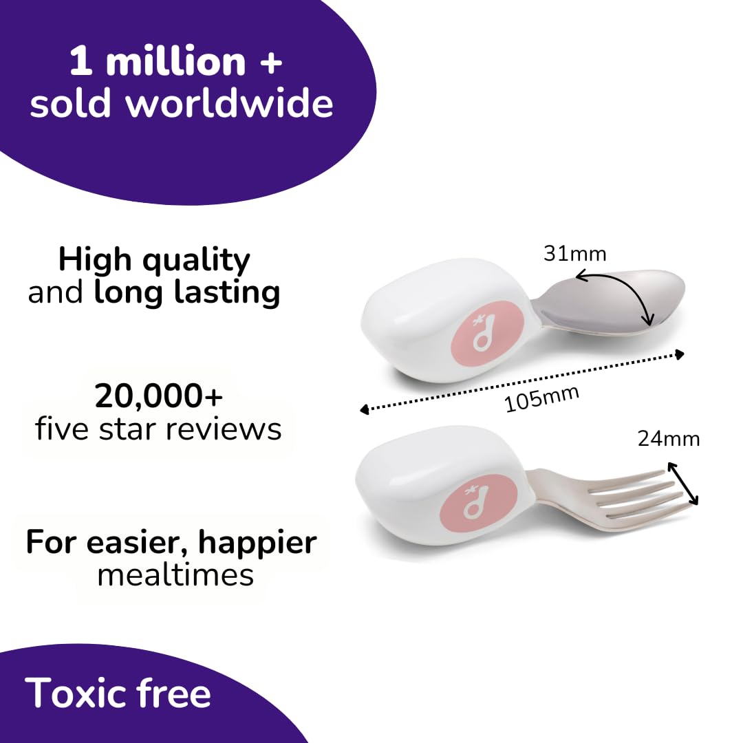 doddl Toddler Utensils, Ergonomic Fork and Spoon Set for Self Feeding, Stainless Steel Silverware for 1-3 Year Olds, BPA Free, Dishwasher Safe (Dusky Rose)