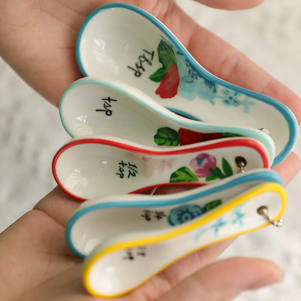WAYUTO 5Pcs Ceramics Baking Measuring Spoons Set Dishwasher Safe Cute Flower Teaspoon Dry & Liquid Ingredients Decorative Kitchen Baking Spoons 1 Tbsp 1 TSP 1/2 TSP 1/4 TSP 1/8 TSP