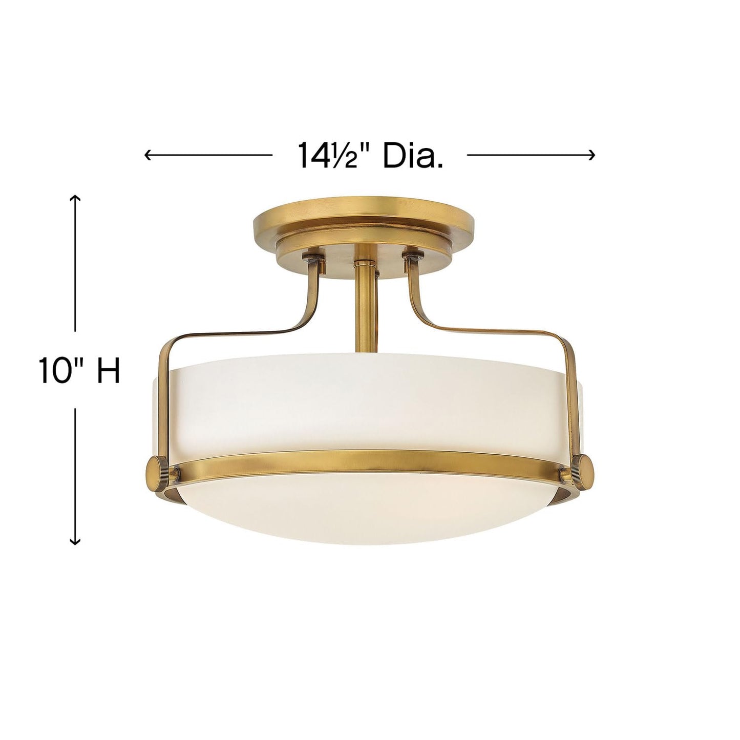 Hinkley Harper Medium Semi-Flush Mount Ceiling Light for Kitchen, Bedroom, Bathroom, and Hallway, Sleek, Retro Style Heritage Brass and Etched Opal Glass