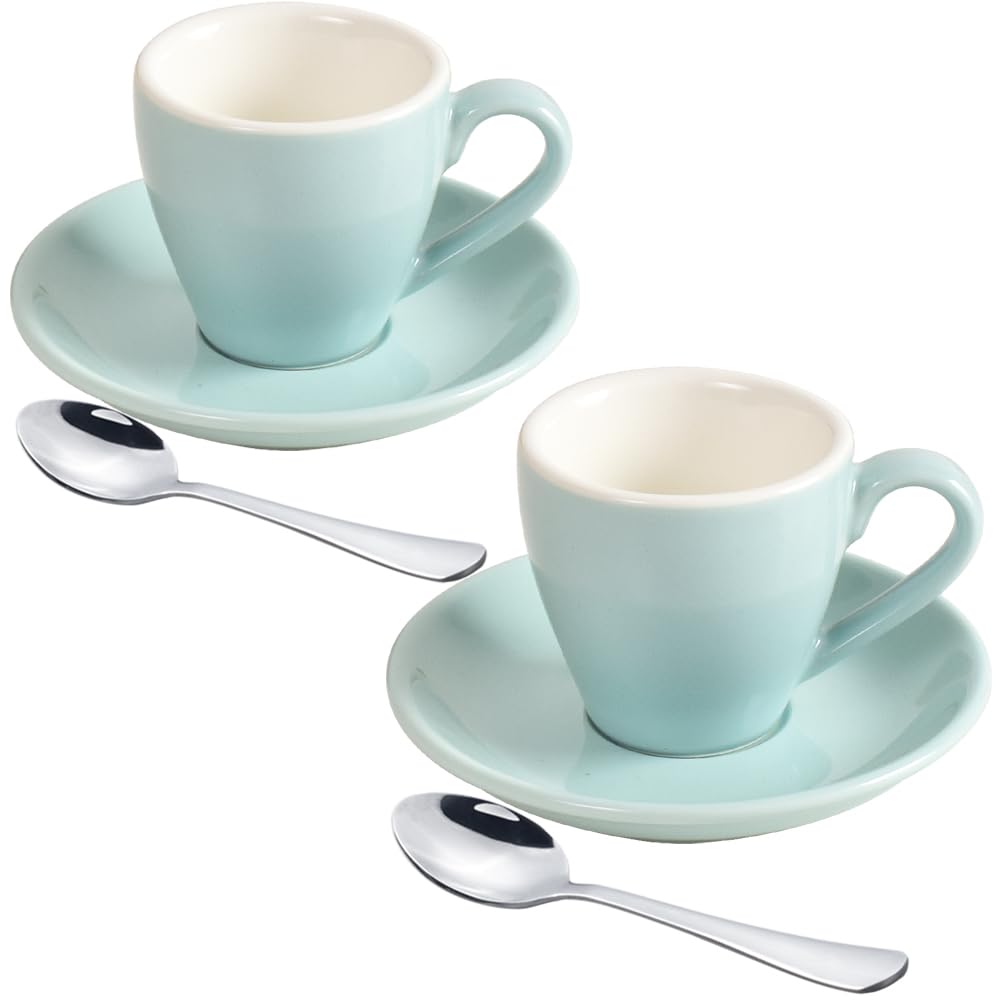 ionEgg Porcelain Espresso Cup with Saucer And Stainless Steel mini Spoons, Espresso shot Cup, 80ml/2.7Oz, Pack of 2, Blue