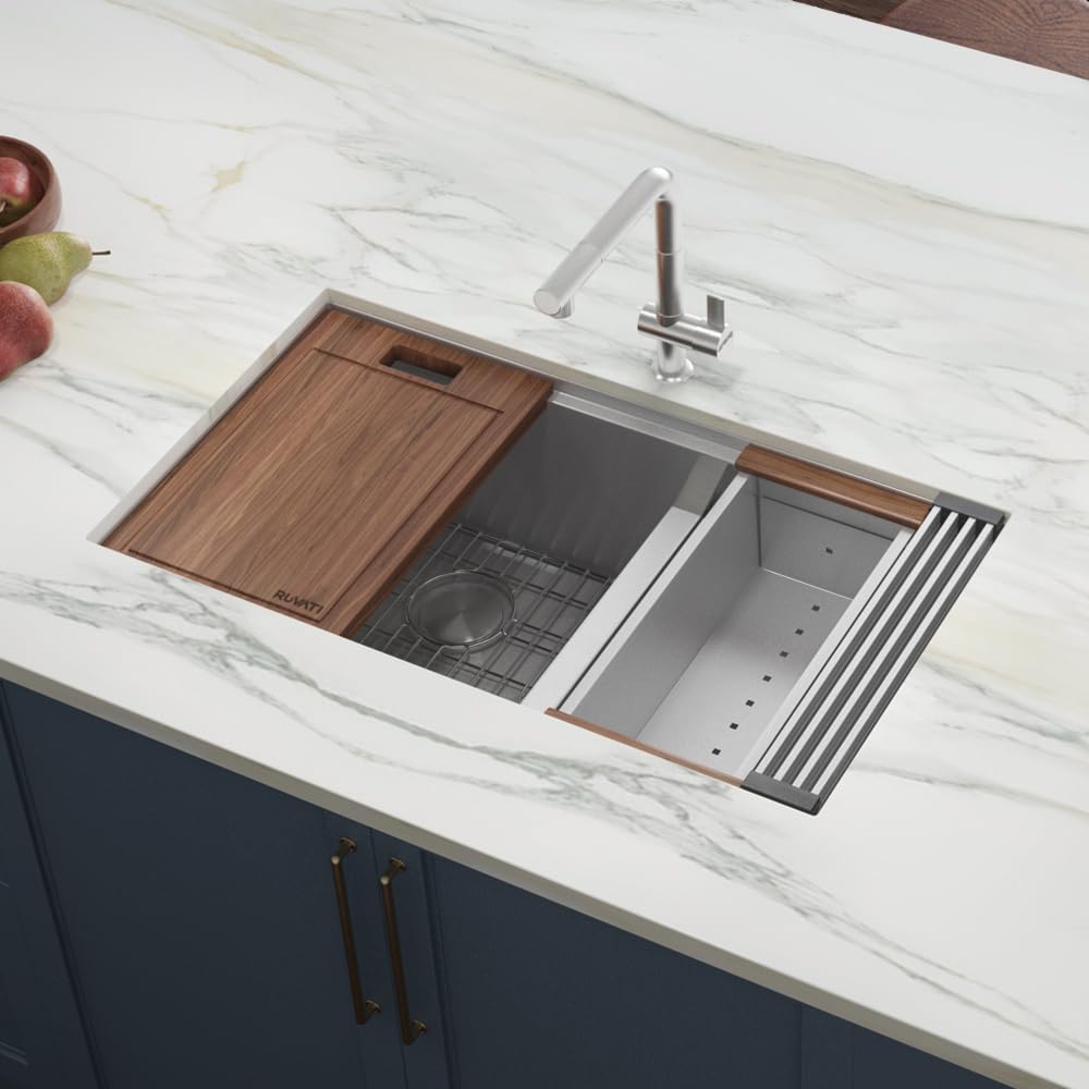Ruvati 33-inch Workstation 60/40 Double Bowl Undermount 16 Gauge Stainless Steel Ledge Kitchen Sink - RVH8356