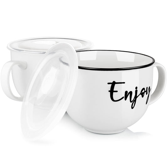 DAYYET Soup Mugs with Handles and Vented Lids, 26 oz Microwavable Soup Bowls, Ceramic Mugs Set for Overnight Oats, Cereal, Noodles, Ramen, Pasta, Salad, Oversized Coffee Mugs, Set of 2, White