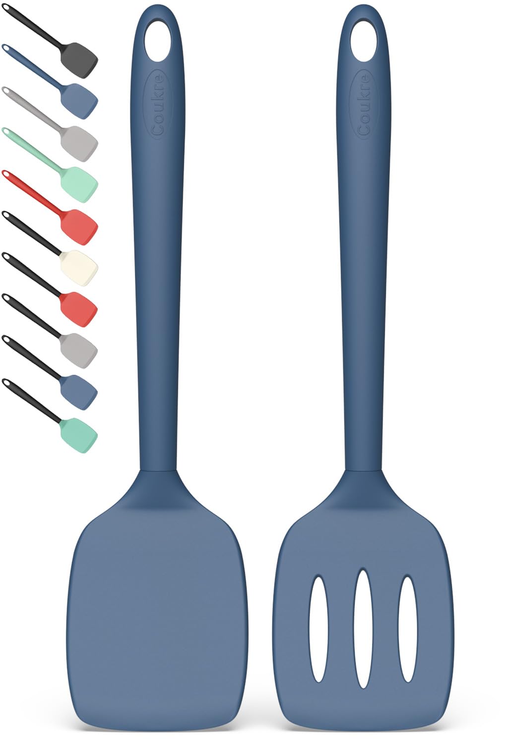 Coukre 2 Pack Silicone Spatula Set, High Heat Resistant, BPA Free Kitchen Spatula, Solid & Slotted Turner for Non-Stick Pans, Sautéing, and Flipping (2, PureDarkBlue)