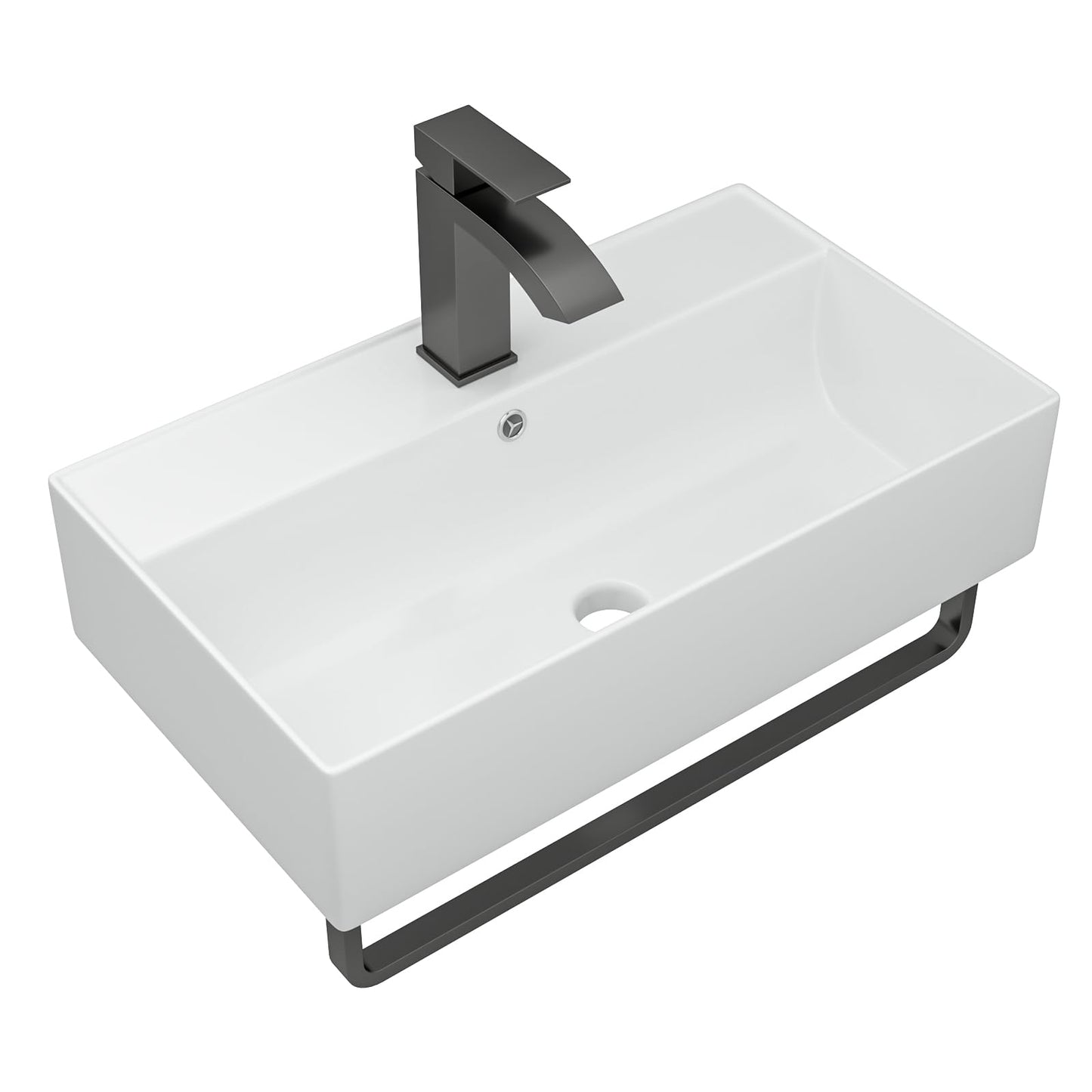 Dcolora 21 In. White Wall Mounted Bathroom Sink, Rectangular Ceramic Wall Hung Sink with Black Faucet & Towel Rack, Space-Saving Basin for Small Bathrooms #DC-SFDOE00089