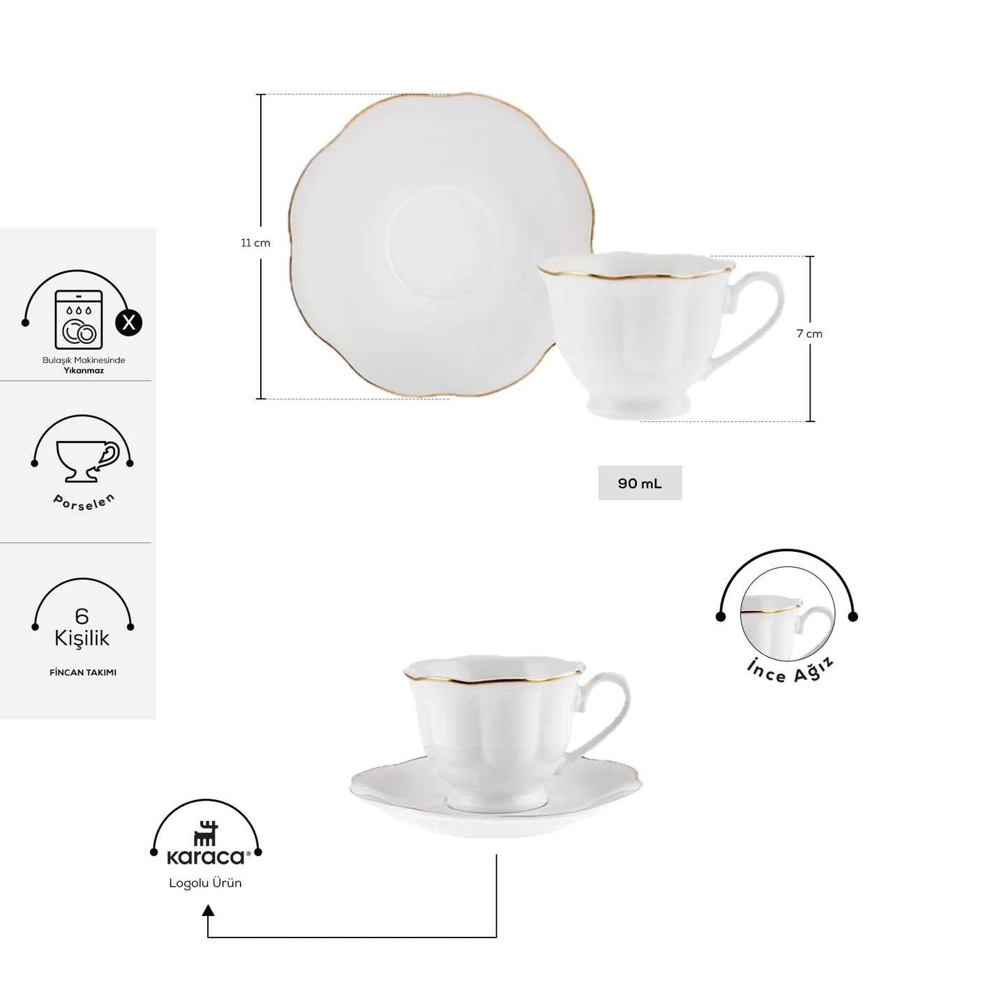 KARACA Çan Turkish Coffee Cup Set for 6 People - 12 Piece Cups with Saucers - Small Porcelain Espresso Set - Ideal for Serving Greek, Arabic Coffee (3 fl oz)