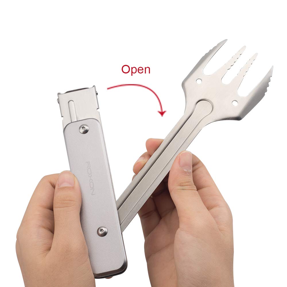 ROXON 4 in 1 Mini Folding BBQ Barbecue Combo Tool Set with Spatula, Fork, Tongs and Bottle Opener for Hiking Camping (Grey)
