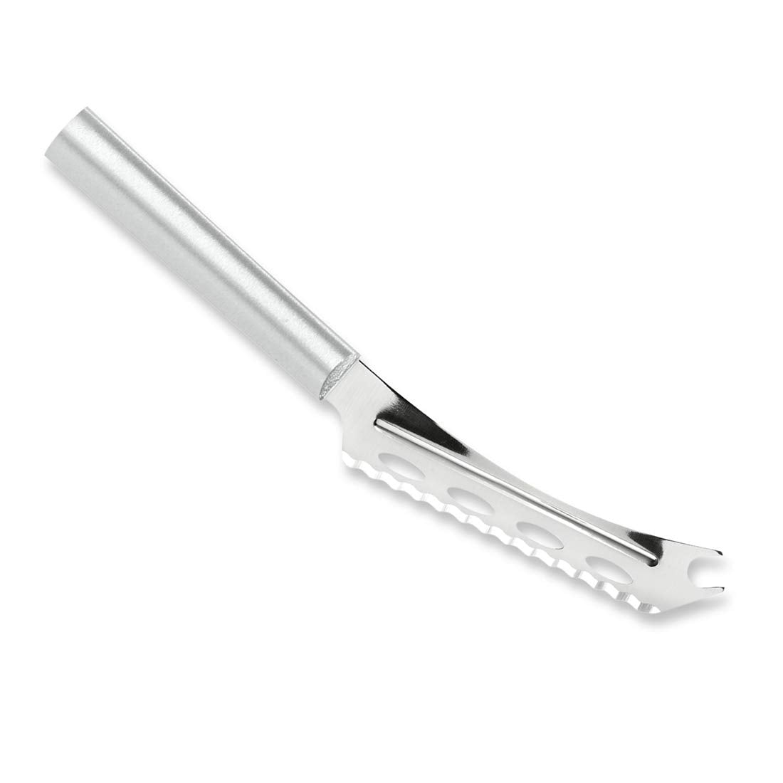 Rada Cutlery Cheese Knife (R139), 5.25" Stainless Steel Serrated Blade with Ridged Cutouts and Forked End, Silver Handle