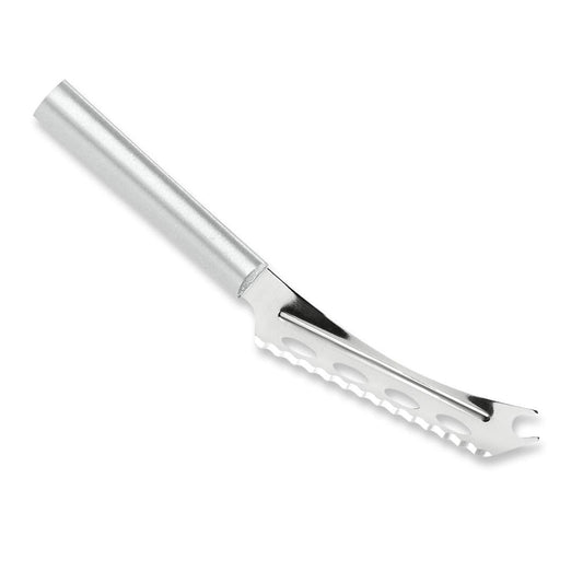 Rada Cutlery Cheese Knife (R139), 5.25" Stainless Steel Serrated Blade with Ridged Cutouts and Forked End, Silver Handle