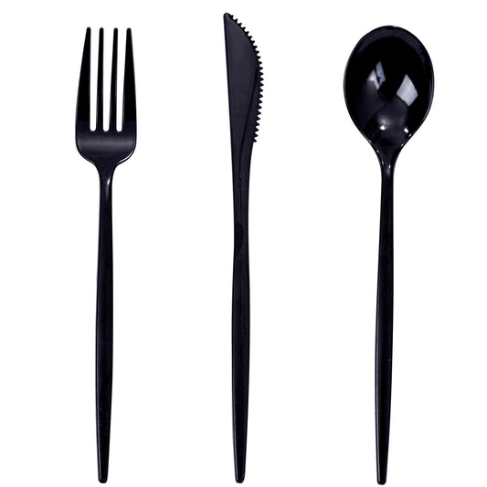 PULOTE 150PCS Black Plastic Silverware Set Disposable - Heavy Duty Black Plastic Cutlery - Black Plastic Utensils Set Include 50 Forks,50 Spoons,50 Knives for Party&Graduation