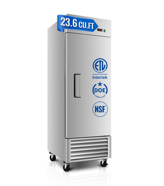 27" W Commercial Refrigerator, 23.6Cu.ft Reach-In Single Door Stainless Steel commercial fridge, 3 Shelves, Fan Cooling, Auto Defrost, Digital Thermostat - Ideal for Restaurant, Bar, Cafe, Shop