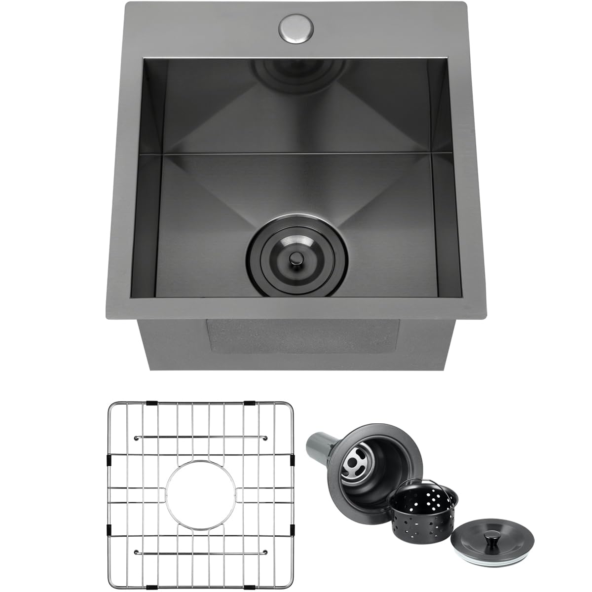 FRANIC 15" Handmade Black Bar Workstation Sink, 15" x 15" x 9" Stainless Steel Matte Nano Black Topmount Single Bowl Small Kitchen Outdoor Sink