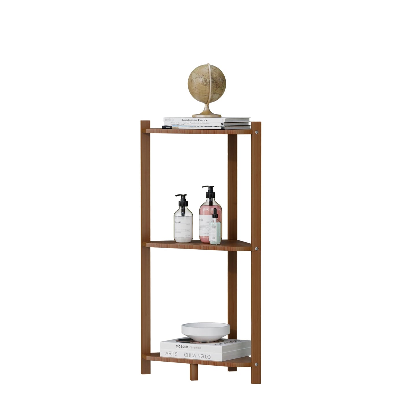 Wisuce Corner Shelf, 100% Real Bamboo Shower Corner Shelves Free Standing Shelf Storage Organizer for Bathroom Living Room Kitchen (Brown, 3 Tier)