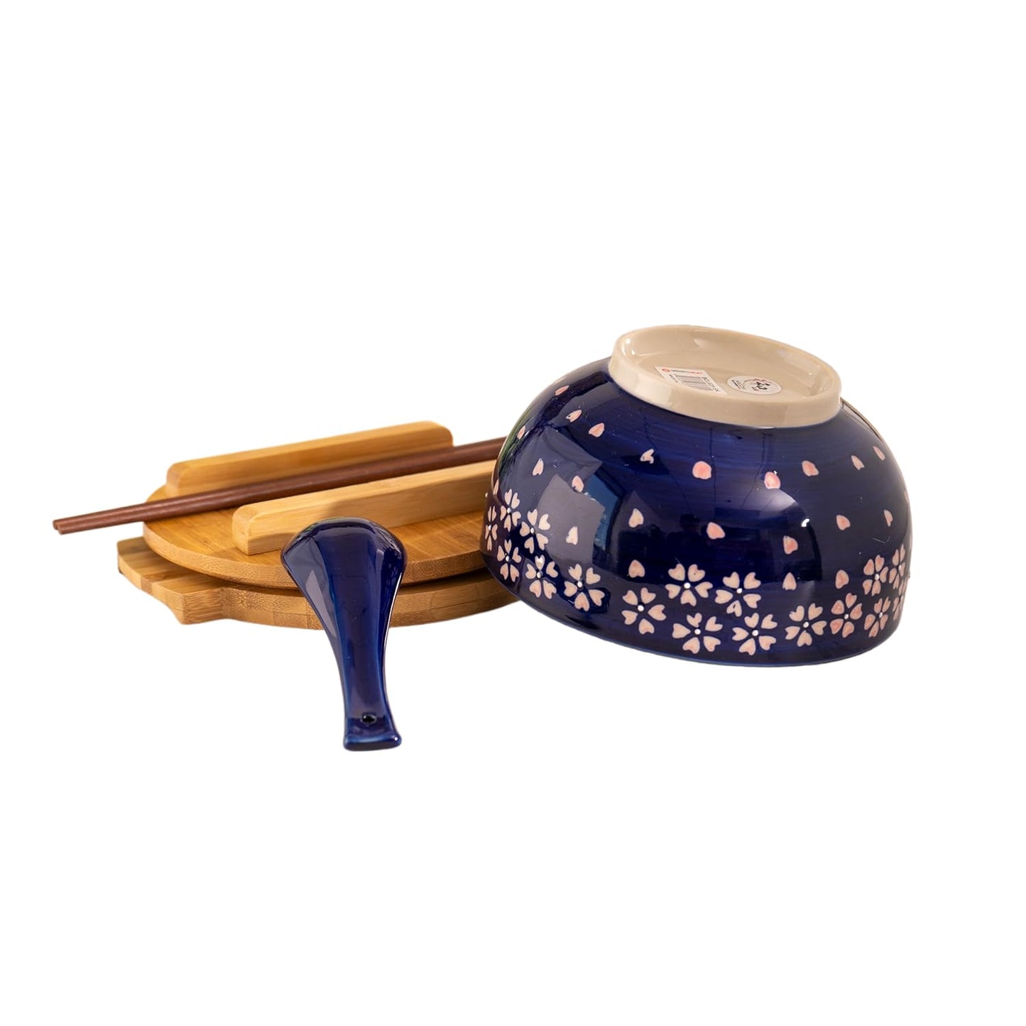 Urban Tokyo Japanese Kamameshi Style Ceramic Glazed Japanese Ramen Udon Pho Noodle Bowl With Spoon, Bamboo Lid, Chopsticks and Trivet 5 Piece Set (Sakura Cherry Blossoms)