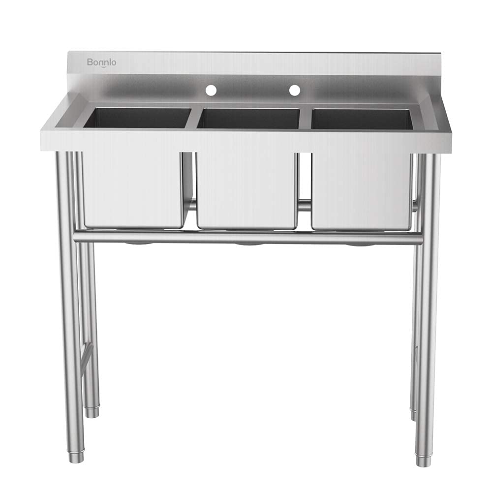 Bonnlo 3-Compartment NSF 304 Stainless Steel Utility Sink Commercial Grade Laundry Tub Culinary Sink for Outdoor Indoor, Garage, Restaurant, Kitchen, Laundry/Utility Room - 39” W x 18” D x 40.2” H