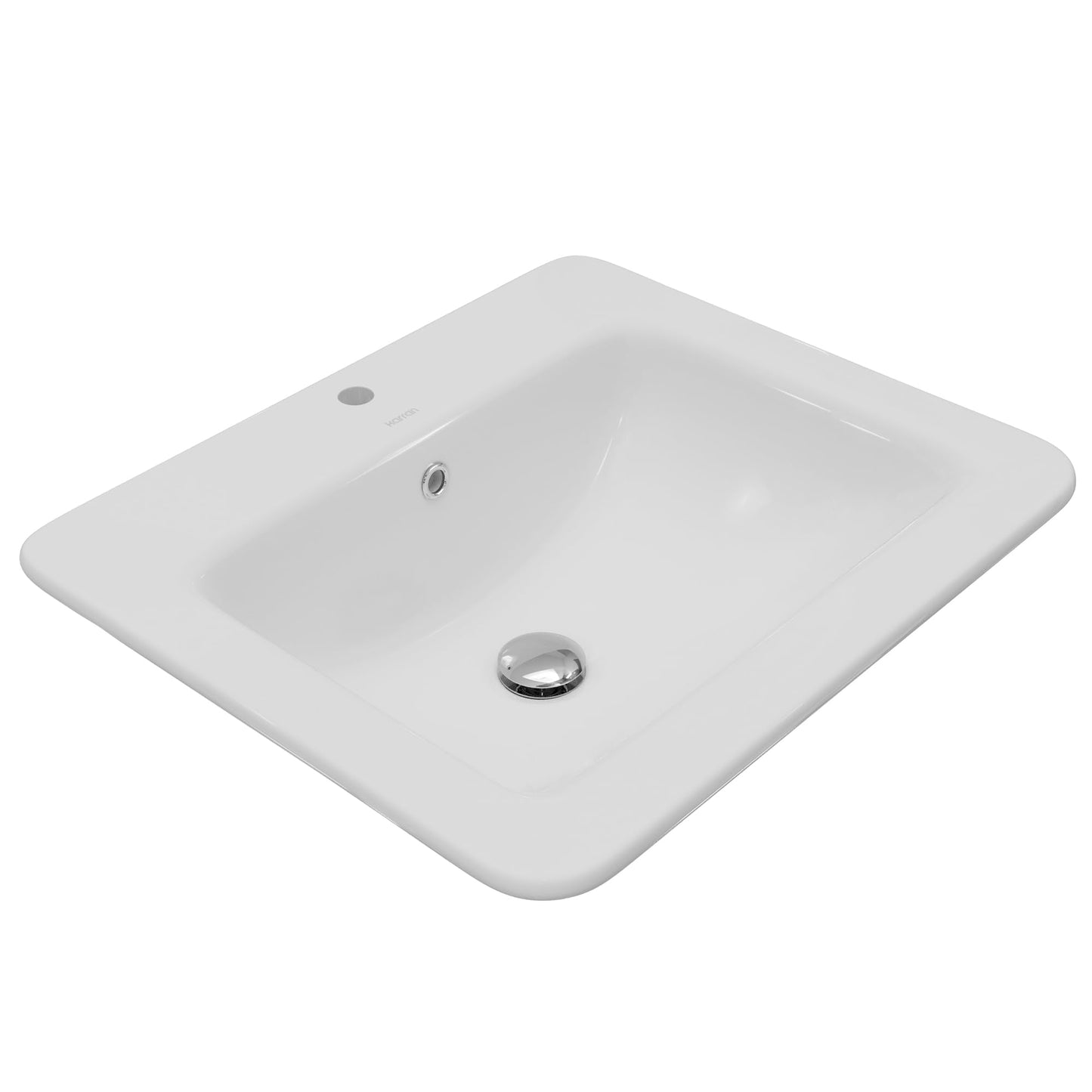 Karran Valera 21" Rectangle Top Mount Bathroom Sink in White – Vitreous China Vanity Bowl – Rear-Center Drain, Overflow, Gloss Finish – Inside Bowl 16.5" x 11.25" x 5.5" – VC-204-WH