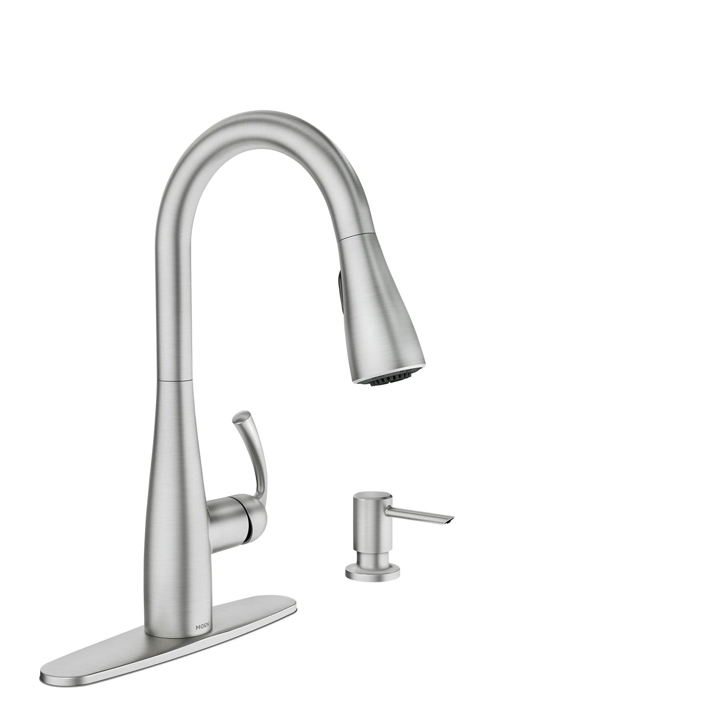 Moen Essie Spot Resist Stainless Pulldown Sprayer Kitchen Sink Faucet Set with Modern Pump Soap Dispenser, 87014SRS
