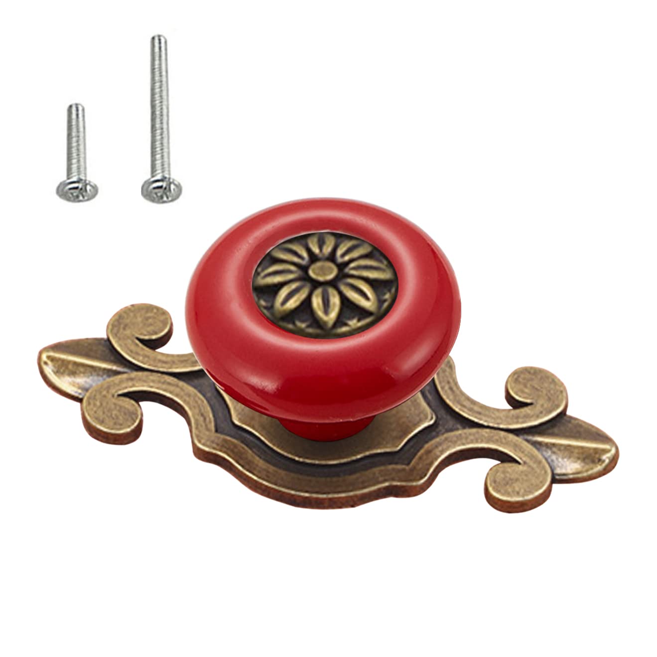 HUAMULAN 10 Pack Retro Ceramic Pulls,Vintage Dresser Kitchen Petal Cabinet Knobs Zinc Alloy Base Back Plate Kid Cupboard Wardrobe Drawer Door Handles,Bronze+Red