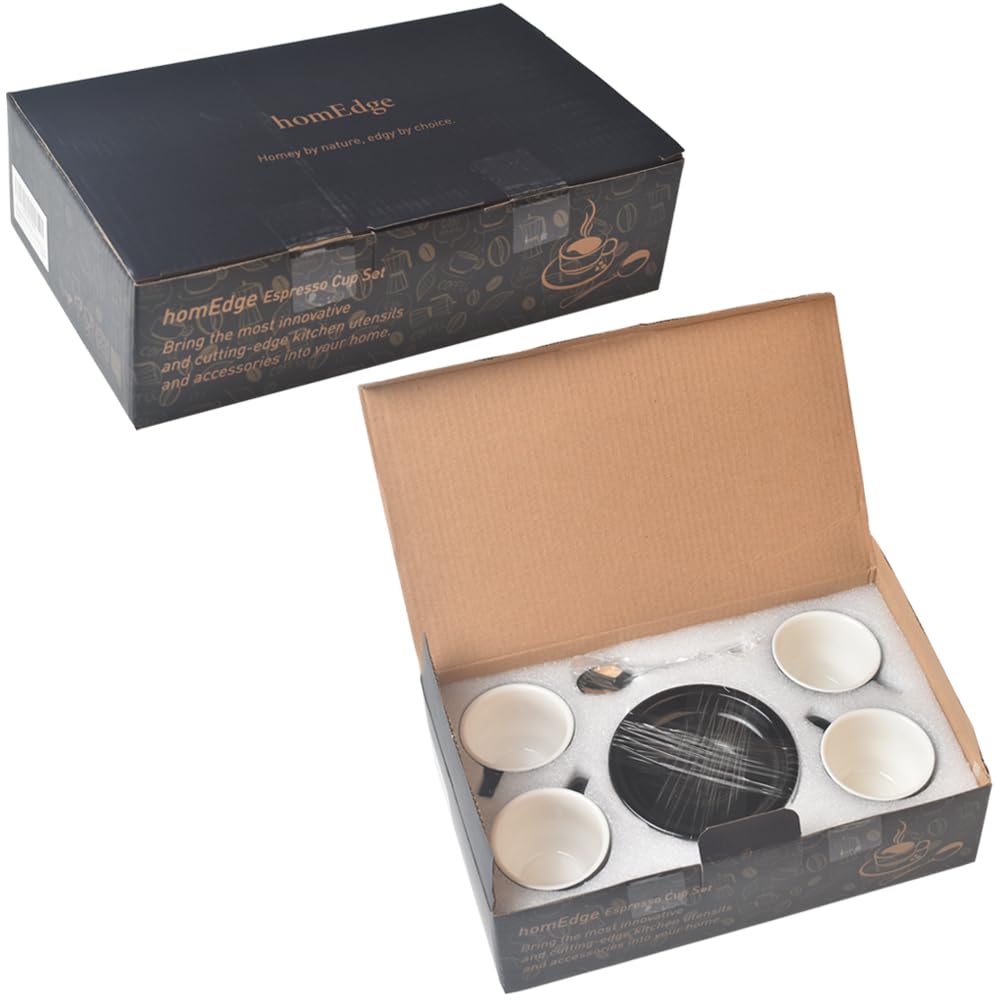 homEdge Premium Espresso Shot Cups and Saucers Set with Espresso Stainless Steel Spoons - 2.5 oz, Set of 4, White