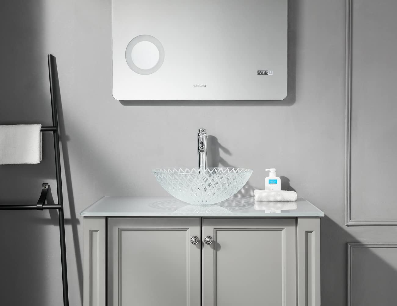 Fanwin Star Tempered Deco Glass Luxuryhome Bathroom Sink in Crystal engraving Elegant | Top Mount Basin | Vanity Countertop Sink Bowl with Pop Up Drain |Surface Finish Glossy | FW-LA659
