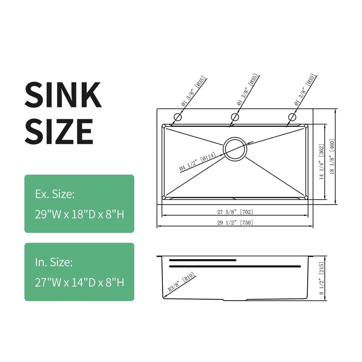 FRANIC 29" Handmade Black Bar Workstation Sink, 29" x 18" x 8" Stainless Steel Matte Nano Black Topmount Single Bowl Small Kitchen Outdoor Sink