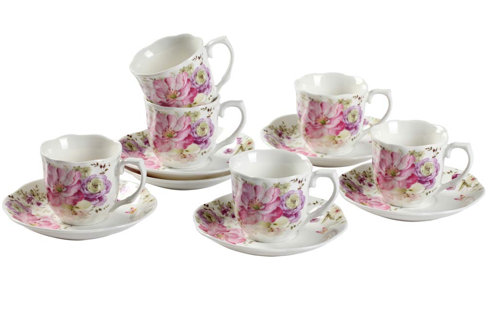 GuangYang 7 oz Porcelain Tea Cups and Saucers Set of 6, Pink Floral Design – Elegant Gift Set for Tea Lovers, Coffee, Cappuccino, Mocha, Weddings, Housewarming & Holidays