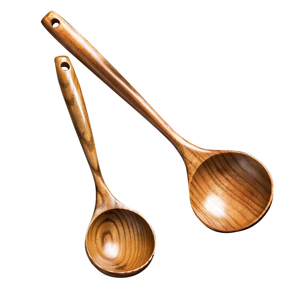 2 Pcs Wooden Spoon Ladle for Cooking Spoons Best Non Toxic Kitchen Tools -14 inch Long Kitchen Cooking Utensil & 11 inch Best Wood Spoons Large Deep Ladle Serving Spoons Soup Ladles Set