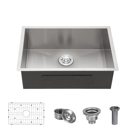24 x 18 Inch Undermount 304 Stainless Steel Kitchen Sink, Deep Single Bowl Workstation Sink, Multifunctional Integrated Ledge One Basin Handmade Kitchen sink with Accessories