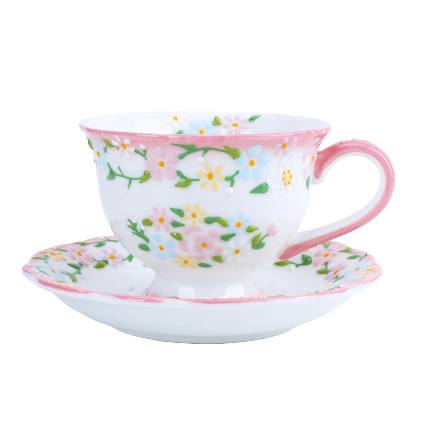 ZLUDIO Handmade Ceramic Cup and Saucer Set, 7 Oz Flower Bone China Cappuccino & Tea & Latte Coffee Cup For Women Tea Party & Christmas & Mother's Day(1 Set, Pink)