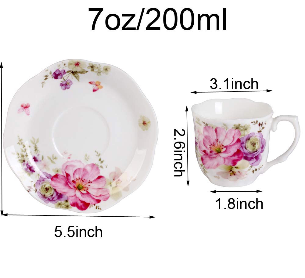 GuangYang 7 oz Porcelain Tea Cups and Saucers Set of 6, Pink Floral Design – Elegant Gift Set for Tea Lovers, Coffee, Cappuccino, Mocha, Weddings, Housewarming & Holidays