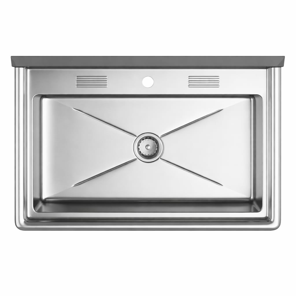 Commercial Stainless Steel Utility Sink with Backsplash, Single Compartment, 32" x 16" x 12" Deep Bowl, 16-Gauge - for Janitorial Area, Commercial Kitchen, Garage, Laundry Room