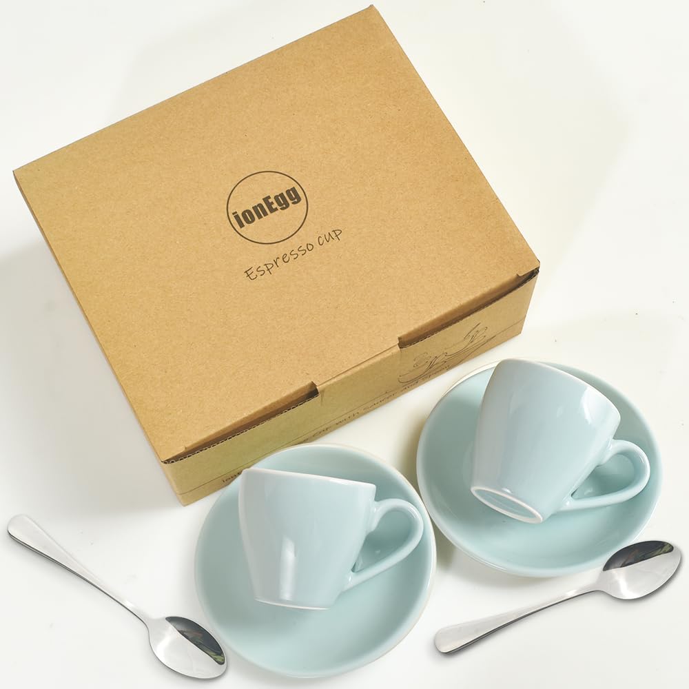 ionEgg Porcelain Espresso Cup with Saucer And Stainless Steel mini Spoons, Espresso shot Cup, 80ml/2.7Oz, Pack of 2, Blue