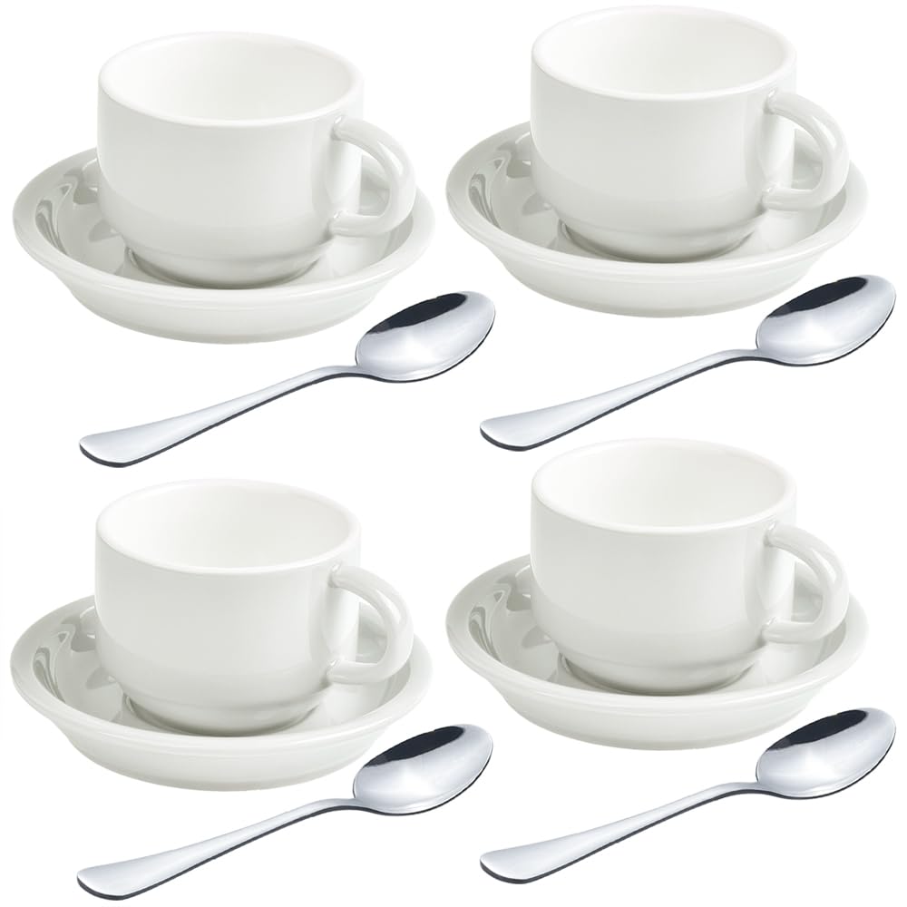 homEdge Premium Espresso Shot Cups and Saucers Set with Espresso Stainless Steel Spoons - 2.5 oz, Set of 4, White