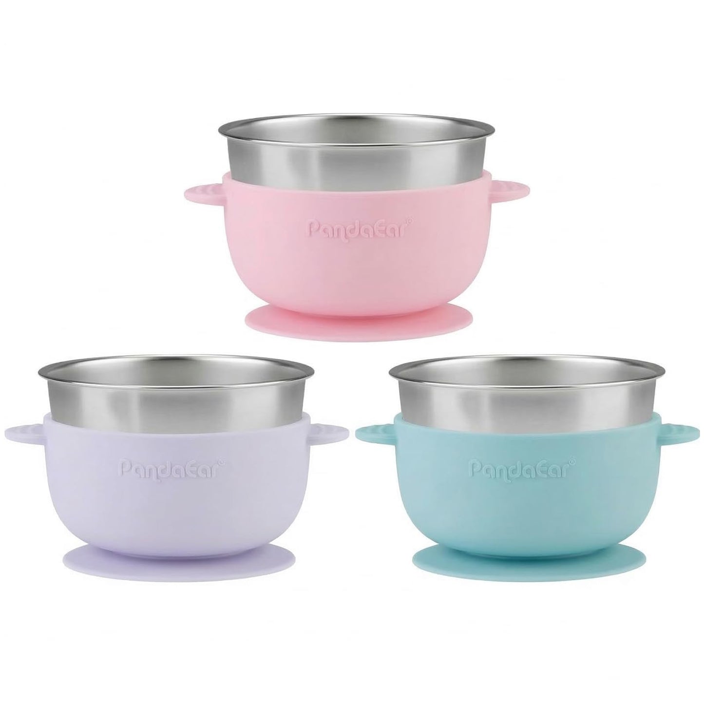 PandaEar 3 Pack Stainless Steel Suction Baby Bowls & 3 Silicone Baby Spoons | Non-Slip Stay Put Bowls & Anti-Choke First Stage Spoons for Toddlers, BPA-Free Baby Led Weaning Set