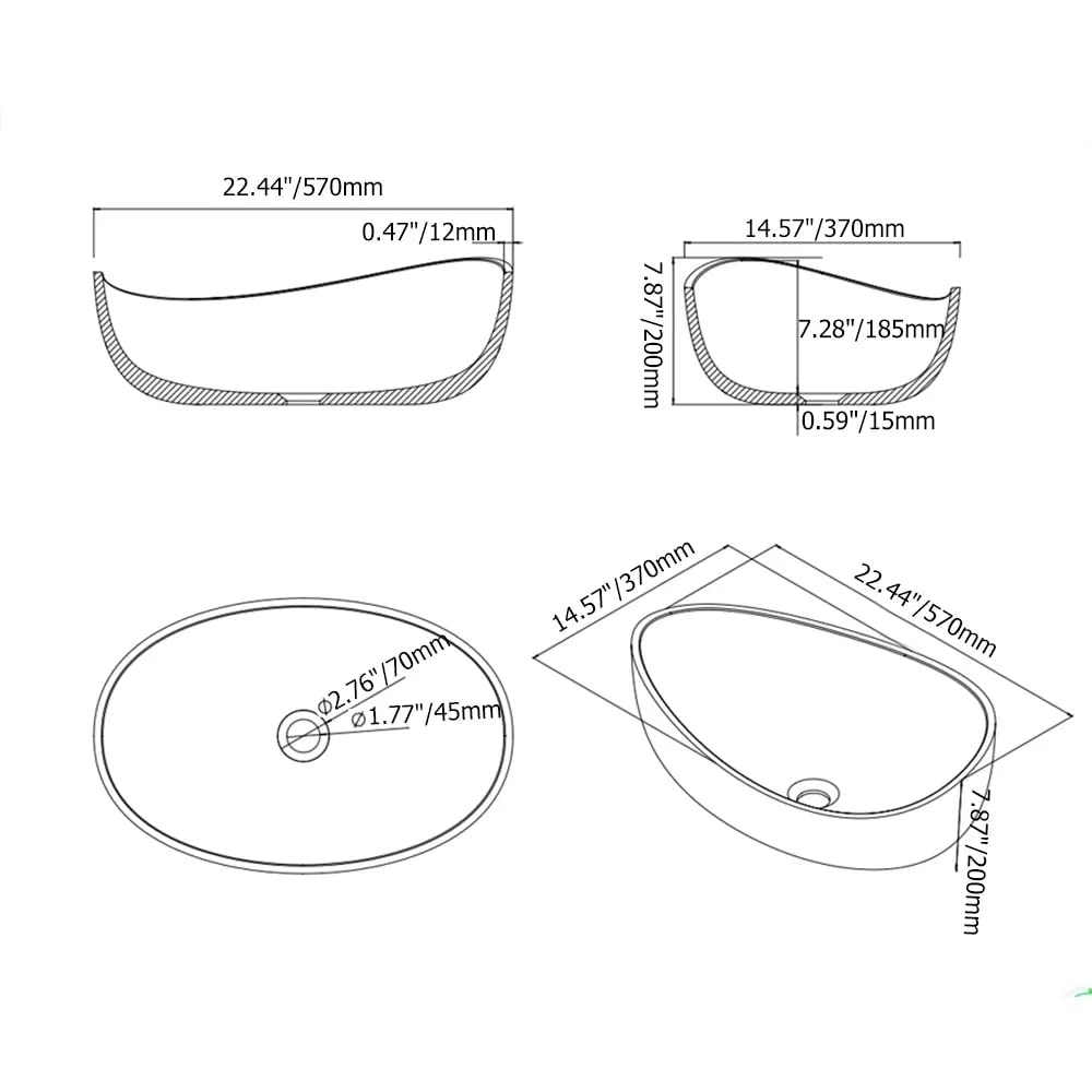 COGITIL Bathroom Sink, 22" Oval Vessel Bowl Sink Stone Resin Modern Artistic Design for Vanity Countertops Matte White with Pop Up Drain (Glossy White)
