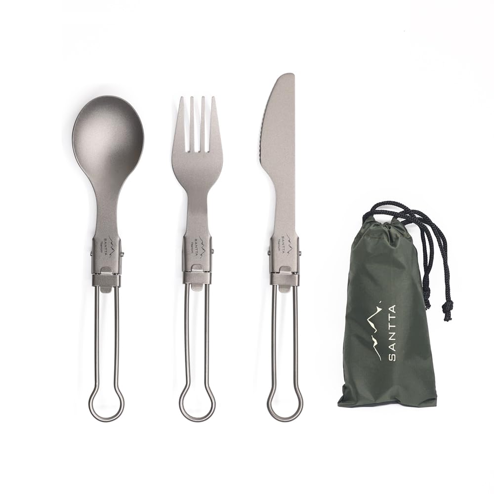 SANTTA Ultra Light Titanium Folding Cutlery Set Including Knife Fork Spoon with Bag for Backpacking, Hiking, Camping and Traveling