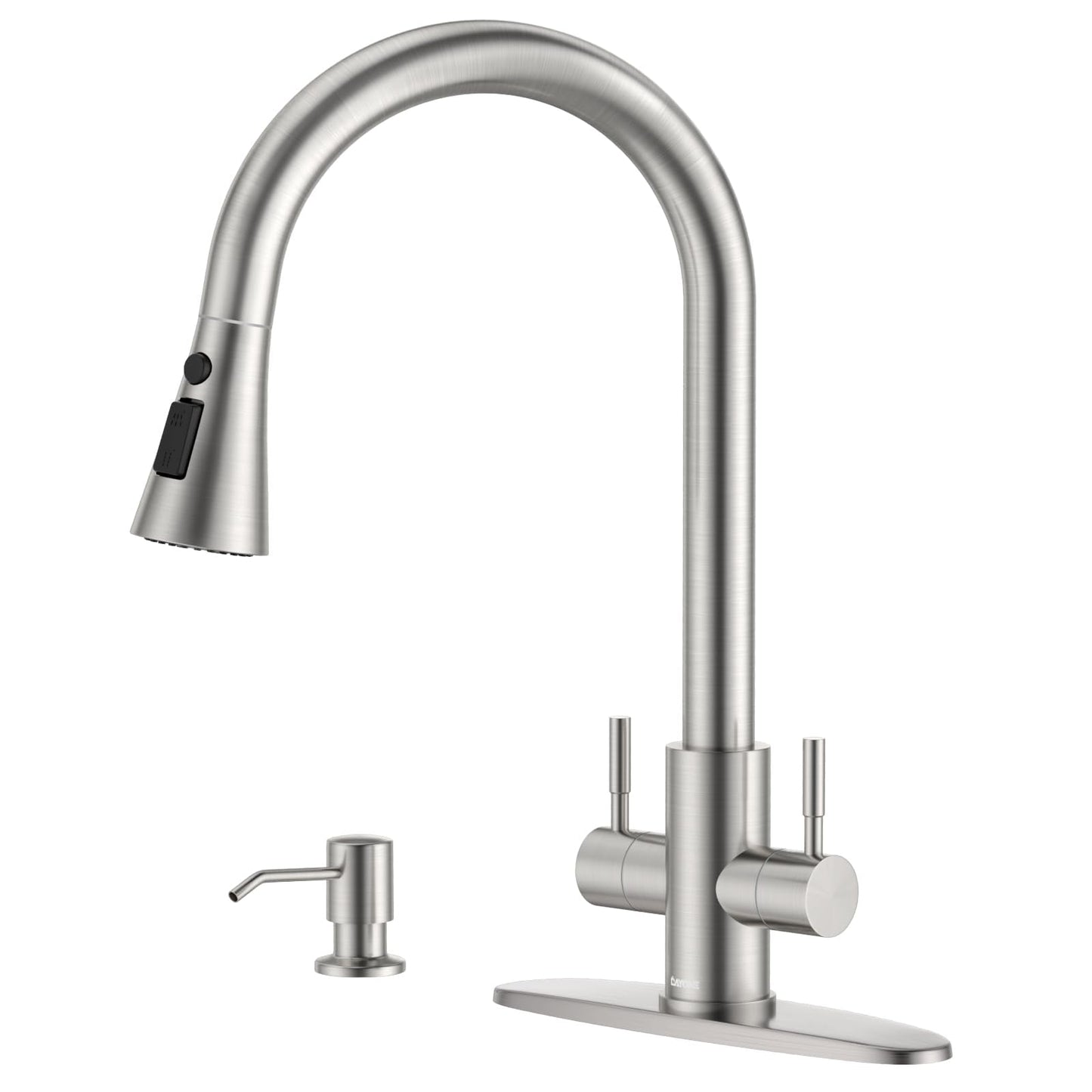 DAYONE 2 Handle Kitchen Faucet with Soap Dispenser, Two-Handle Kitchen Sink Faucets with Pull Down Sprayer Brushed Nickel, Stainless Steel 1 to 4 Holes Faucet for Sink