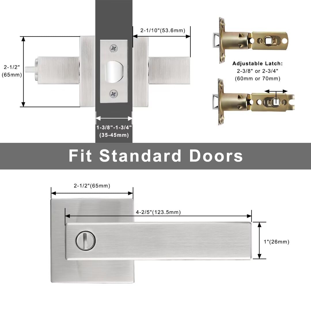 NIZADO 10 Pack Brushed Nickel Bed Bath Door Lever, Square Privacy Lever Door Handles, Keyless Heavy Duty Interior Door Handles, Reversible for Left Right Doors