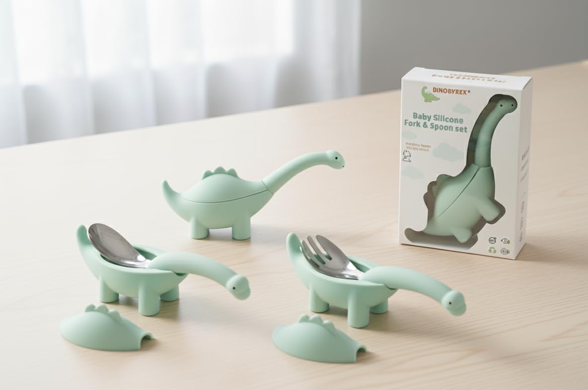 Baby Fork and Spoon Set, Cute Dinosaur Shape Premium Stainless Steel Silicone Toddler Utensils, Encourage Self Feeding, Playful & Fun, Safe, BPA Free, Easy Grip, Dishwsher Safe, Perfect Baby Gift