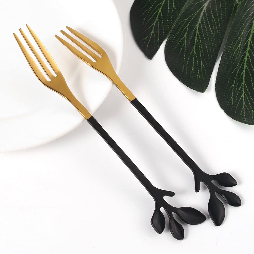 AnSaw 10-Piece Black & Gold Small Leaf Appetizer Forks Set - 4.7" Elegant Stainless Steel Fruit, Dessert, Cake & Salad Forks - Perfect for Cocktail Parties & Home Use