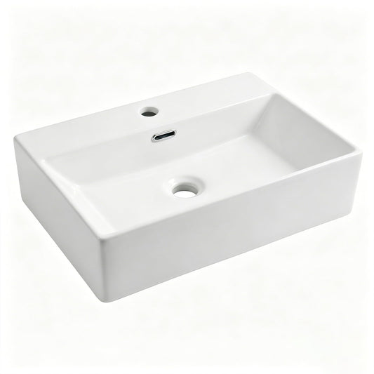 20 x 14 Inch Wall Mounted Bathroom Sink, NOHALIPY Modern White Rectangular Porcelain Floating Vessel Sink with Overflow, Corner Mount Ceramic Bathroom Sink for RV, Restroom and Toilet, Easy to Install