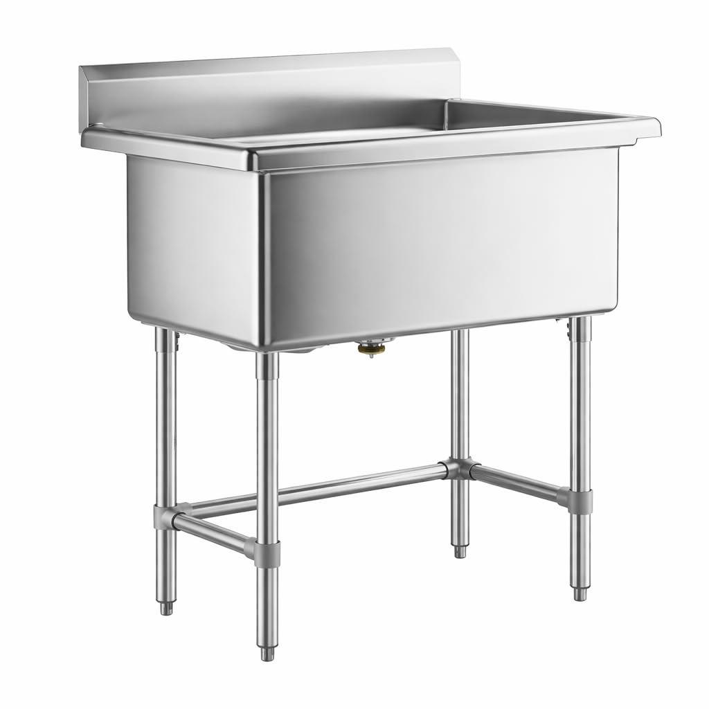 Commercial Stainless Steel Utility Sink with Backsplash, Single Compartment, 32" x 16" x 12" Deep Bowl, 16-Gauge - for Janitorial Area, Commercial Kitchen, Garage, Laundry Room