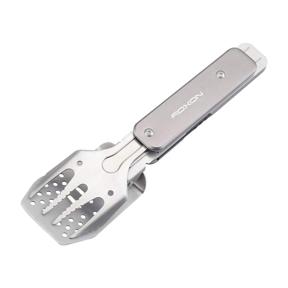 ROXON 4 in 1 Mini Folding BBQ Barbecue Combo Tool Set with Spatula, Fork, Tongs and Bottle Opener for Hiking Camping (Grey)