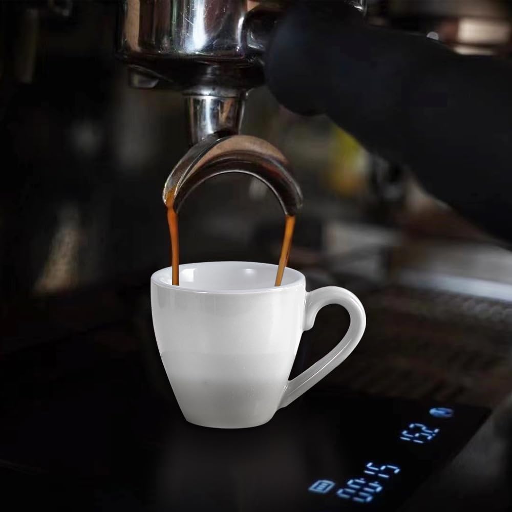 homEdge Porcelain Espresso Shot Cup Set with Saucers and Stainless Steel Spoons - 80 ml / 2.67 oz, Set of 4, White