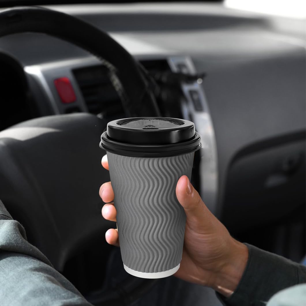 BYSNOW 100 Pack 16 oz Coffee Cups with Lids, Disposable Insulated Hot Cups To Go Paper Coffee Cups, Corrugated Ripple Wall Cup for Hot Drink, Office, Coffee Bar (Grey 16 oz)