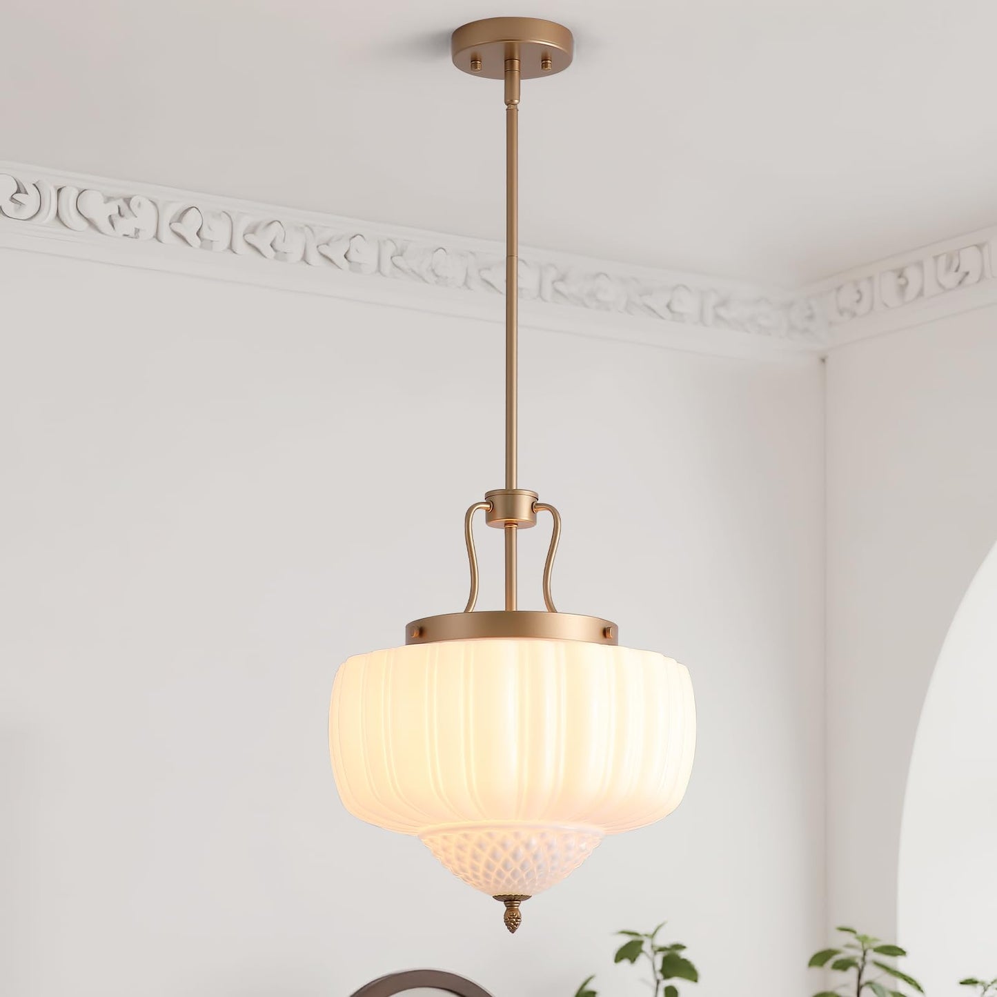 Blhxian Milk Glass Pendant Light,14" Brass Chandelier,Ceiling Light Fixture Chandelier with Milk Glass Shade,Adjustable Height Pendant Lights Kitchen Island for Entryway Hallway Kitchen Foyer
