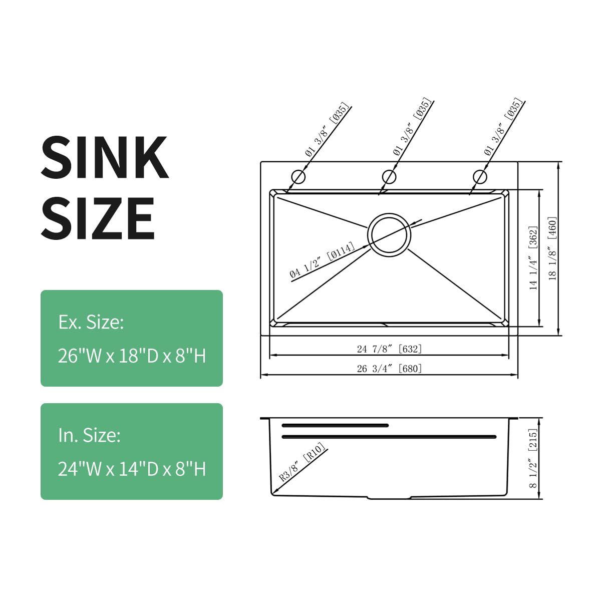 FRANIC 26" Handmade Black Bar Workstation Sink, 26" x 18" x 8" Stainless Steel Matte Nano Black Topmount Single Bowl Small Kitchen Outdoor Sink