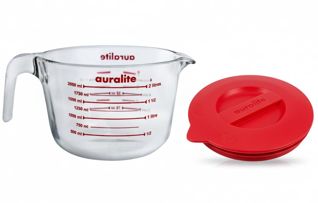Auralite 8-Cup Borosilicate Glass Measuring Cup with Lid, 2 Quart, 2 Litre Large Glass Measuring Cup - Kitchen Mixing Bowl Liquid Measure Cups Glass Bakeware Set, Punch Bowl, Batter Bowl, 2Qt, 2L