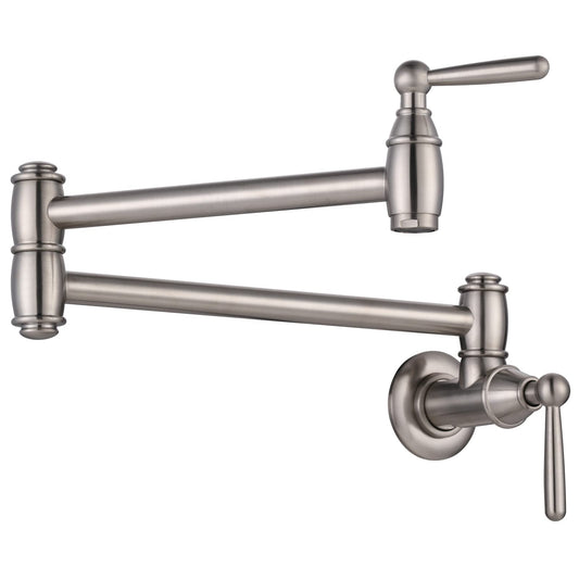 Pot Filler Faucet Brushed Nickel, ARCORA Modern Pot Filler Wall Mount 2 Handle with Double Joint Swing Arms Brass Stove Faucet