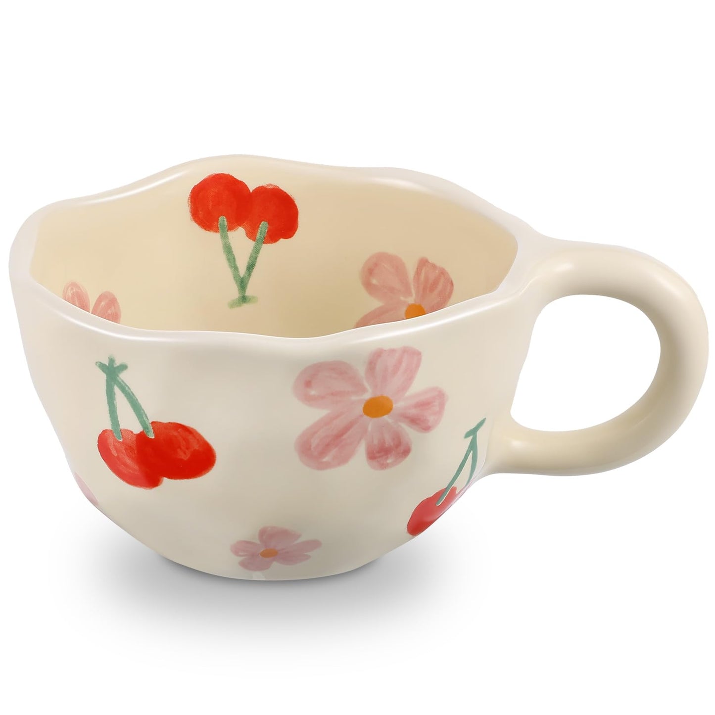 NAYAHOSE Ceramic Coffee Mug, Creative Cute Coffee Mugs Handheld Irregular Aesthetic Flower Ceramic Mug for Women Latte Tea Milk Oats Cup Breakfast Cups，8.5 oz/250 ml (Red Cherry)